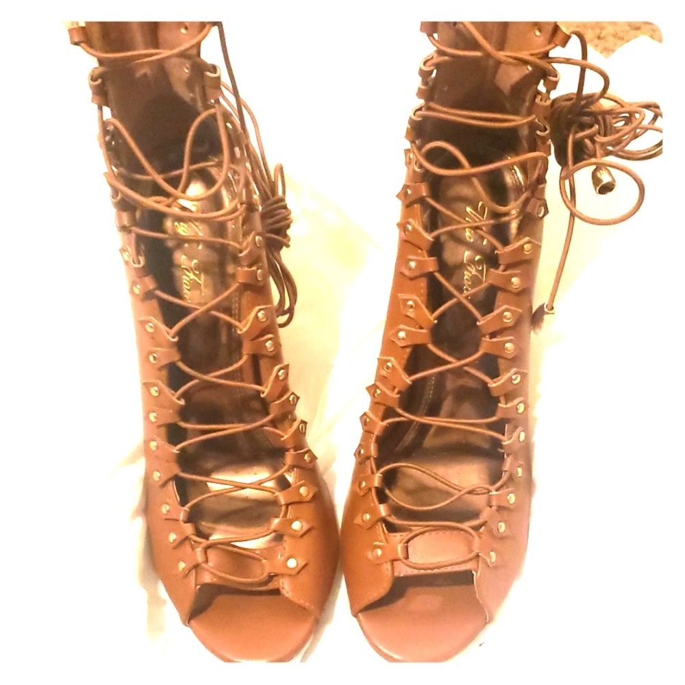 Brown Lace Up Peep Toe Heels